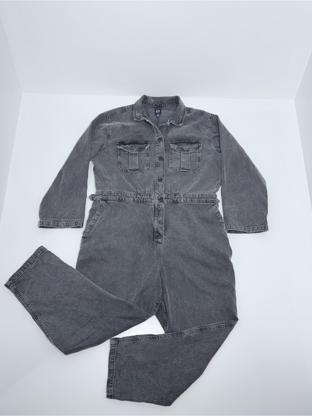 Gap Washed Gray Denim Jumpsuit Plus Size 18 Long Sleeve Coveralls Boiler Suit